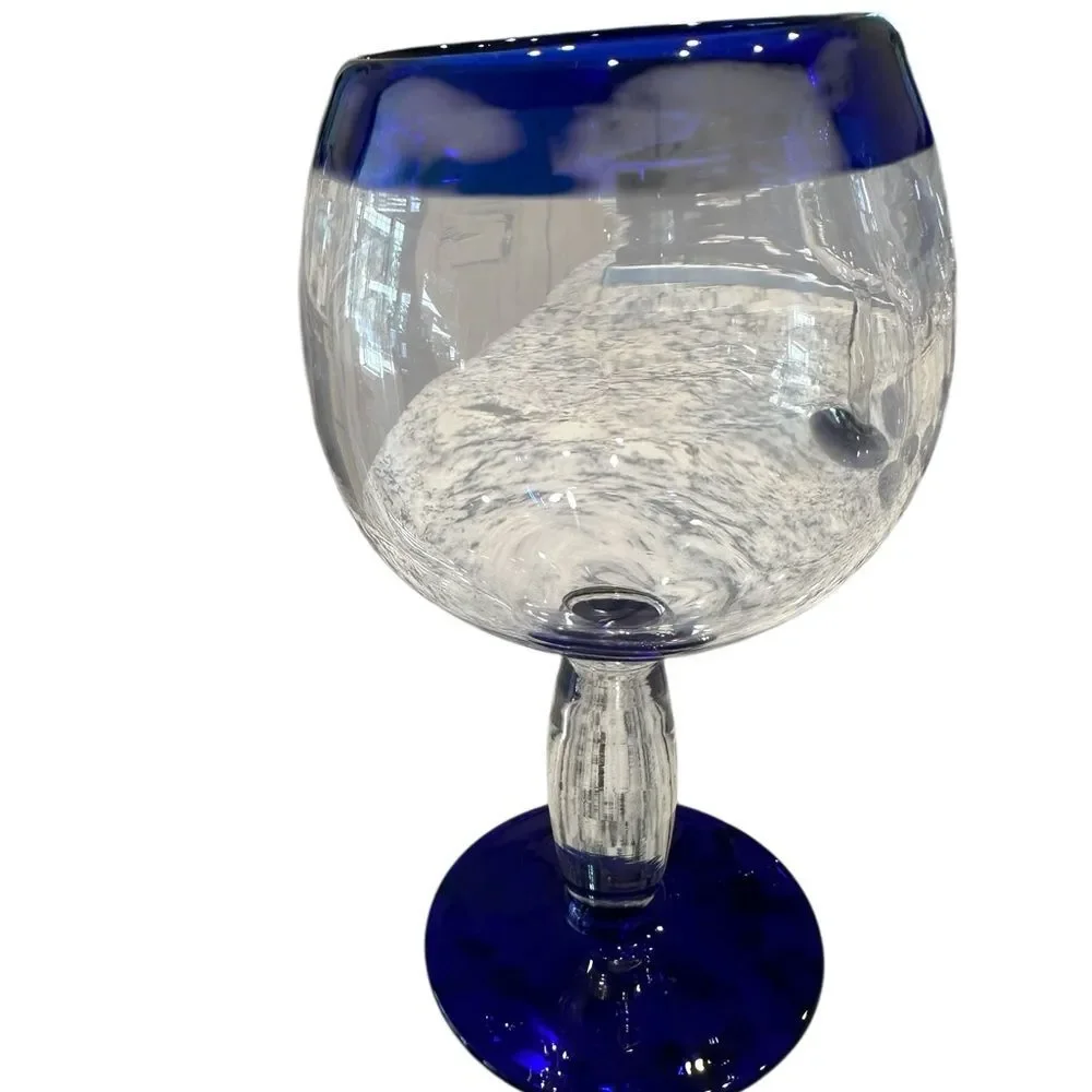 Mexican Handcrafted Cobalt Blue Rim Wine Glass Set of 6